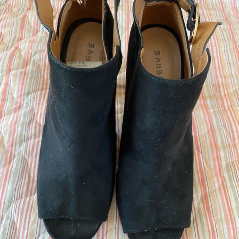 BAMBOO Black Suede Peep-Toe Slingback Ankle Booties